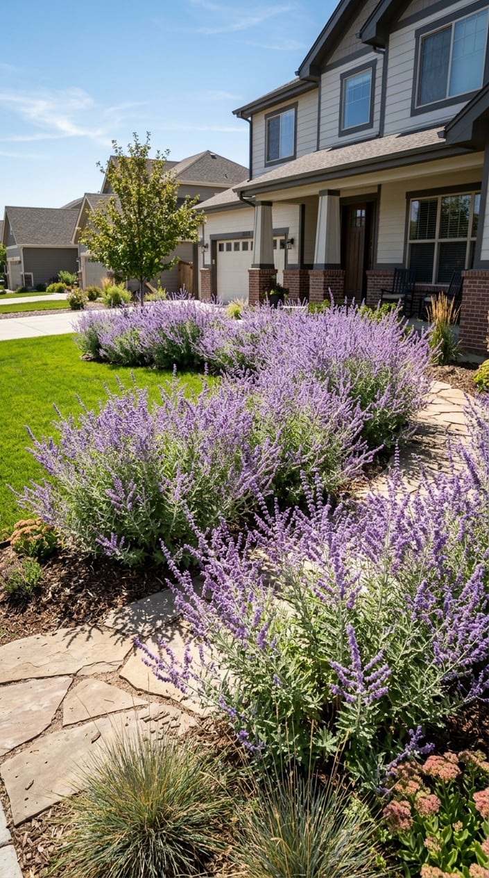 Front lawn with repeating clusters of purple-flowered Russian Sage plants under bright sunlight and a clear sky.