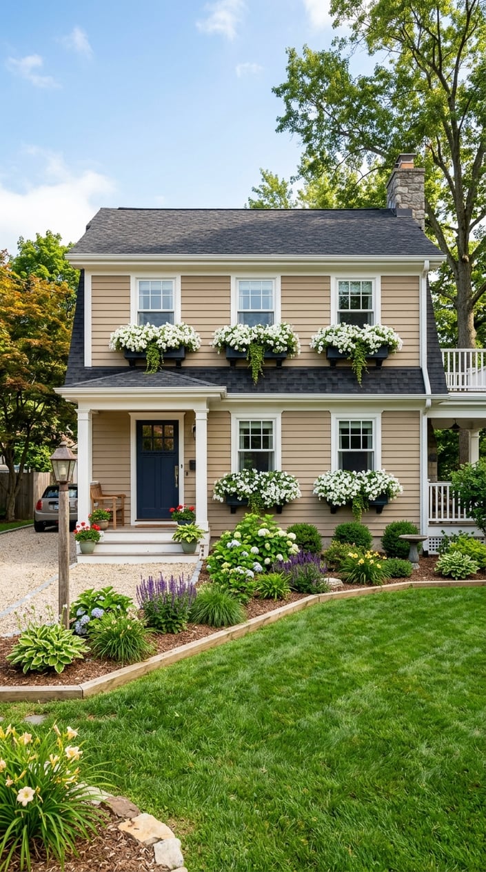 Front lawn of a house with window boxes filled with white petunias and neatly maintained grass and plants.