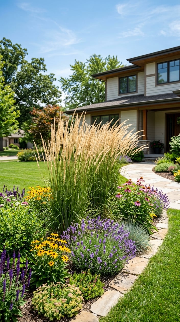 A sunny front yard with tall feathery Karl Foerster grass and various heat-tolerant plants surrounding a neatly trimmed lawn.