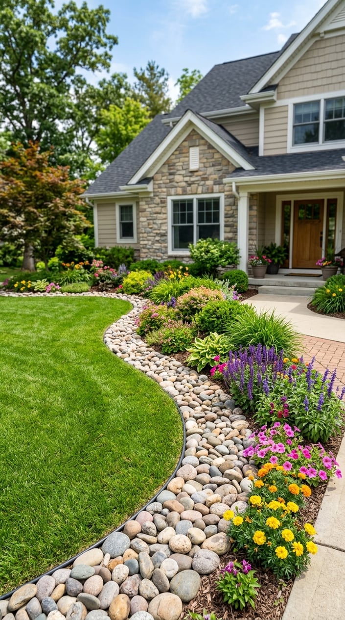 A front lawn with a neat border of smooth river stones, green grass, and flowering plants in front of a house.