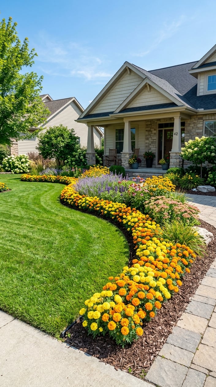 A sunny front lawn with green grass and bright orange marigold flowers lining the garden beds, surrounded by heat-tolerant plants and a suburban house in the background.