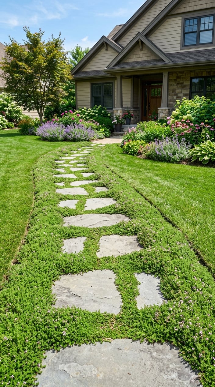 A front lawn with natural stone stepping stones surrounded by green creeping thyme ground cover and colorful flowers in the background.