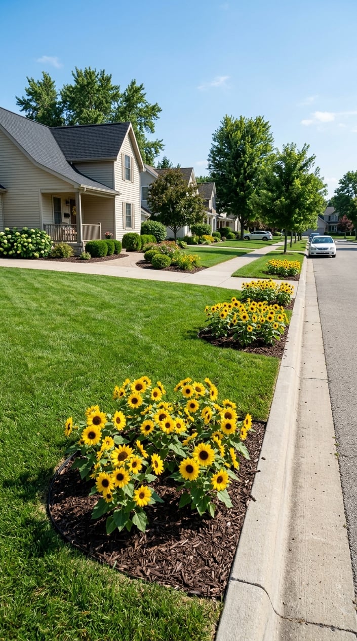 Front lawn with small clusters of bright yellow dwarf sunflowers near the curb under a clear blue sky.