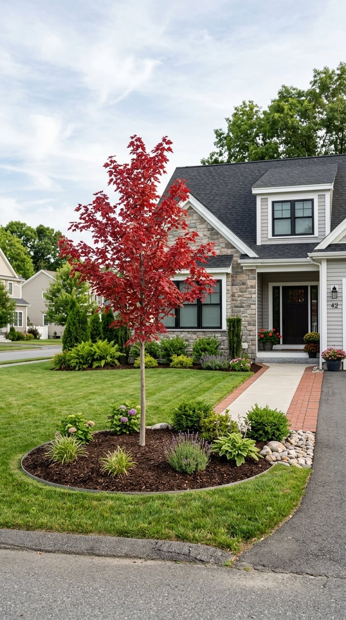 A small red maple tree planted in the front yard of a house with a green lawn and neat landscaping.
