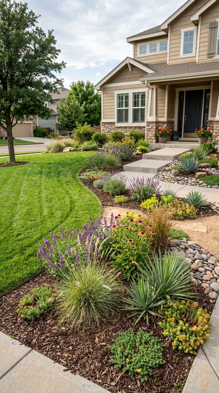 Front yard with part of the lawn replaced by a native plant xeriscape bed next to a house.
