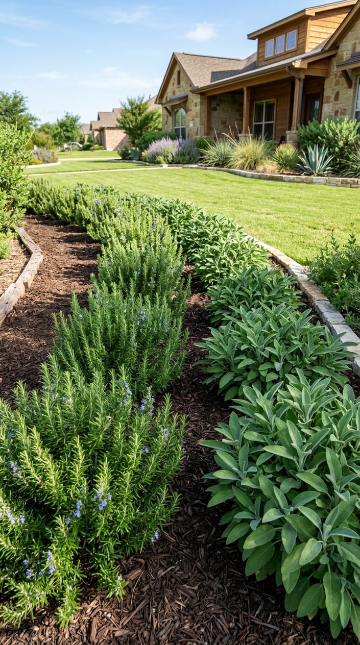Rows of healthy rosemary and culinary sage shrubs growing in a sunny front lawn garden with green grass in the background.