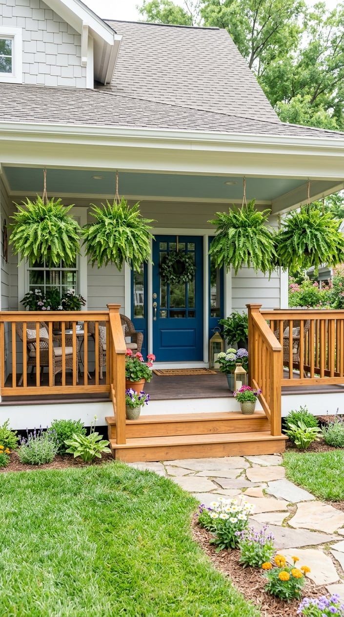 Front porch decorated with hanging Boston fern baskets overlooking a neat front lawn with a stone pathway.