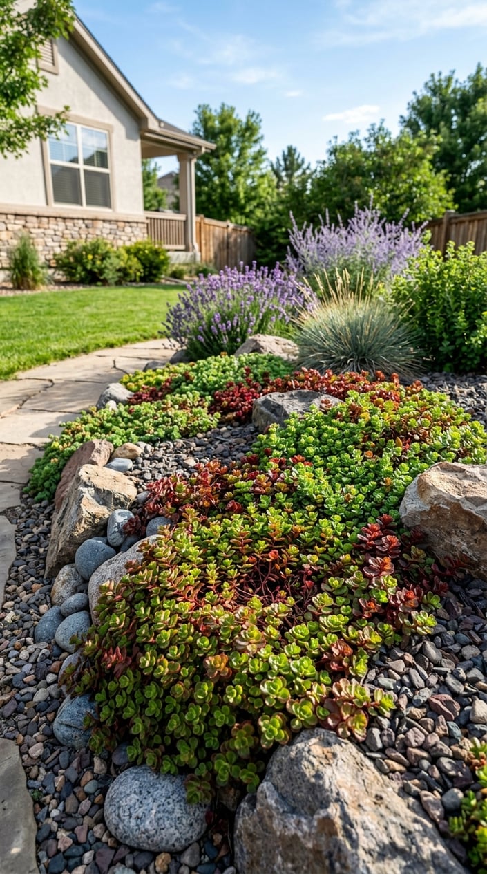 Sedum ground cover plants growing densely in rock mulch beds under bright sunlight in a front lawn garden.