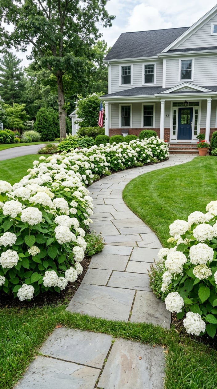 Front walkway lined with blooming white hydrangea bushes and green lawn leading to a house entrance.