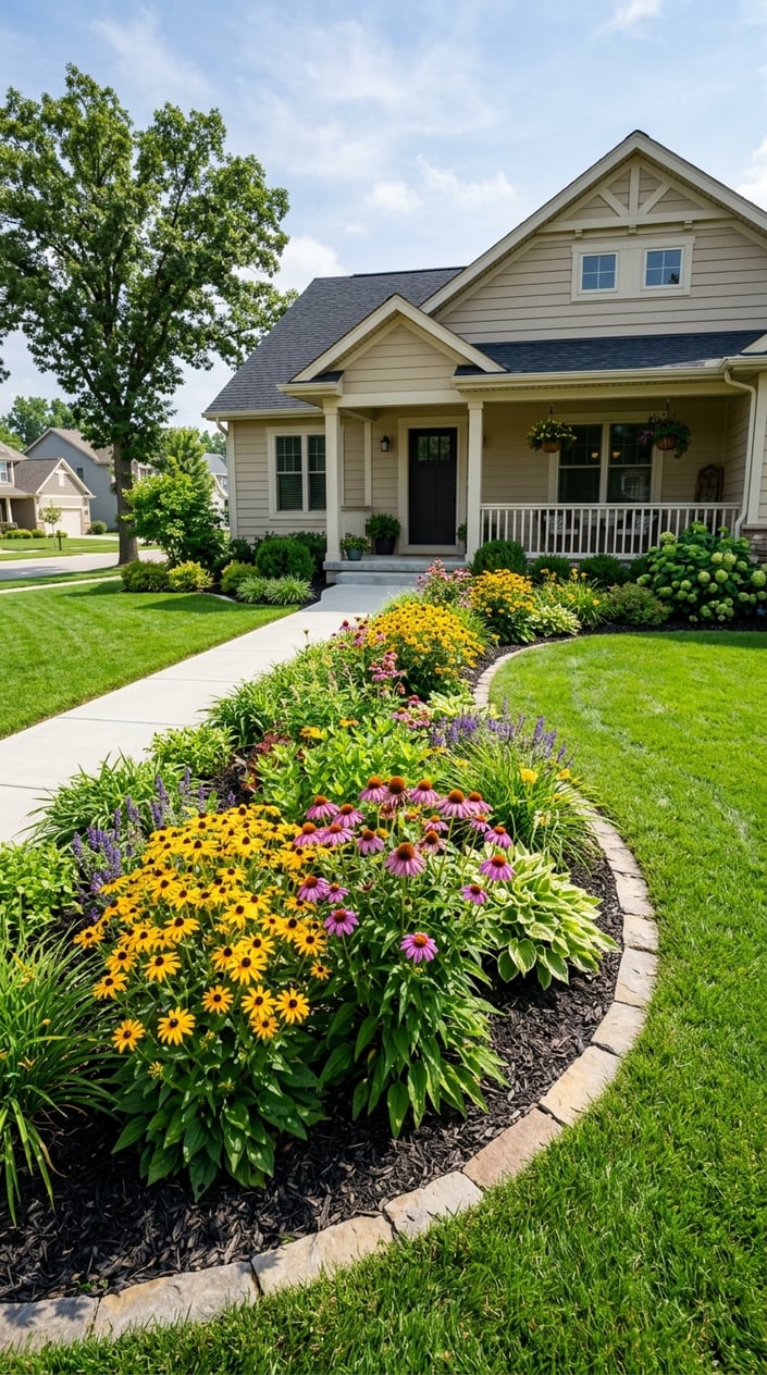 A front lawn with a curved flower bed planted with black-eyed Susans and coneflowers in front of a suburban house.
