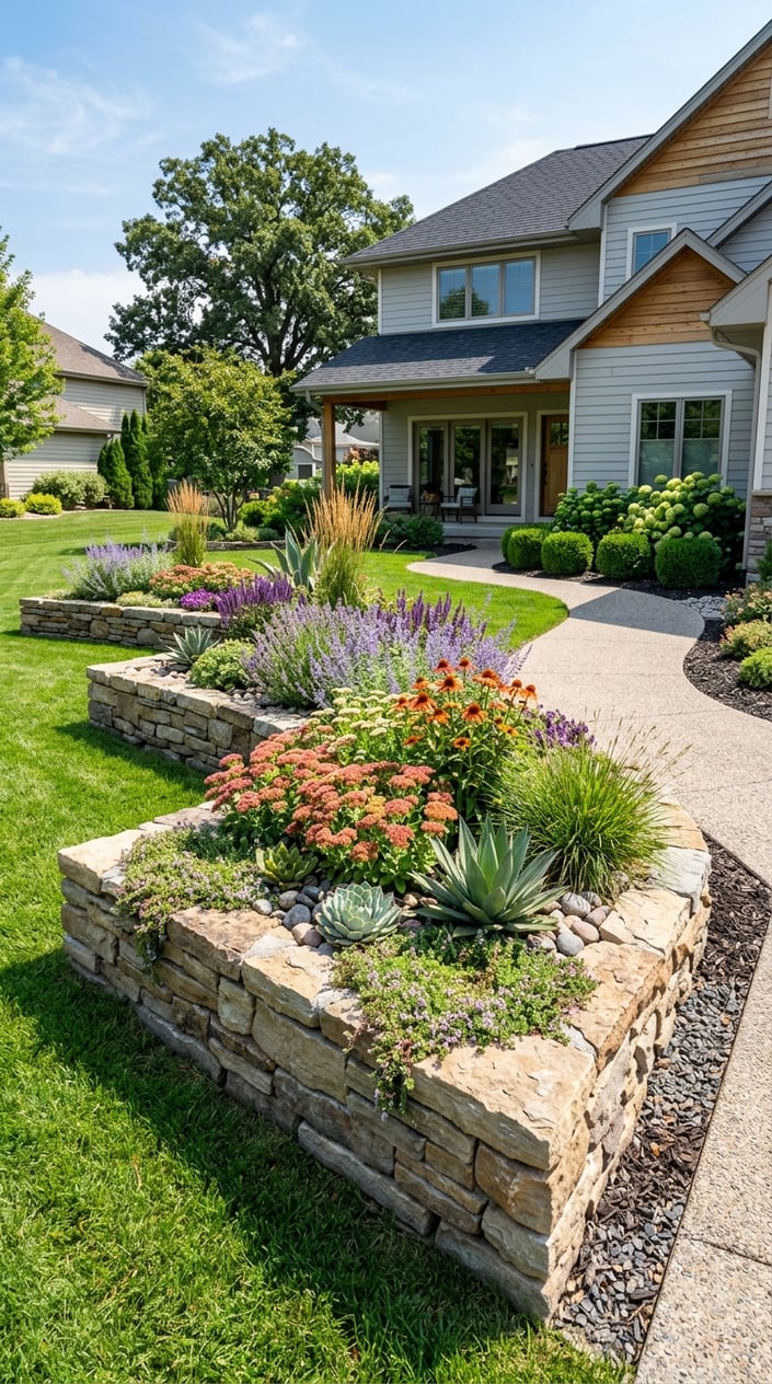 Front lawn with raised stone planting beds filled with heat-tolerant plants under bright sunlight near a modern house.