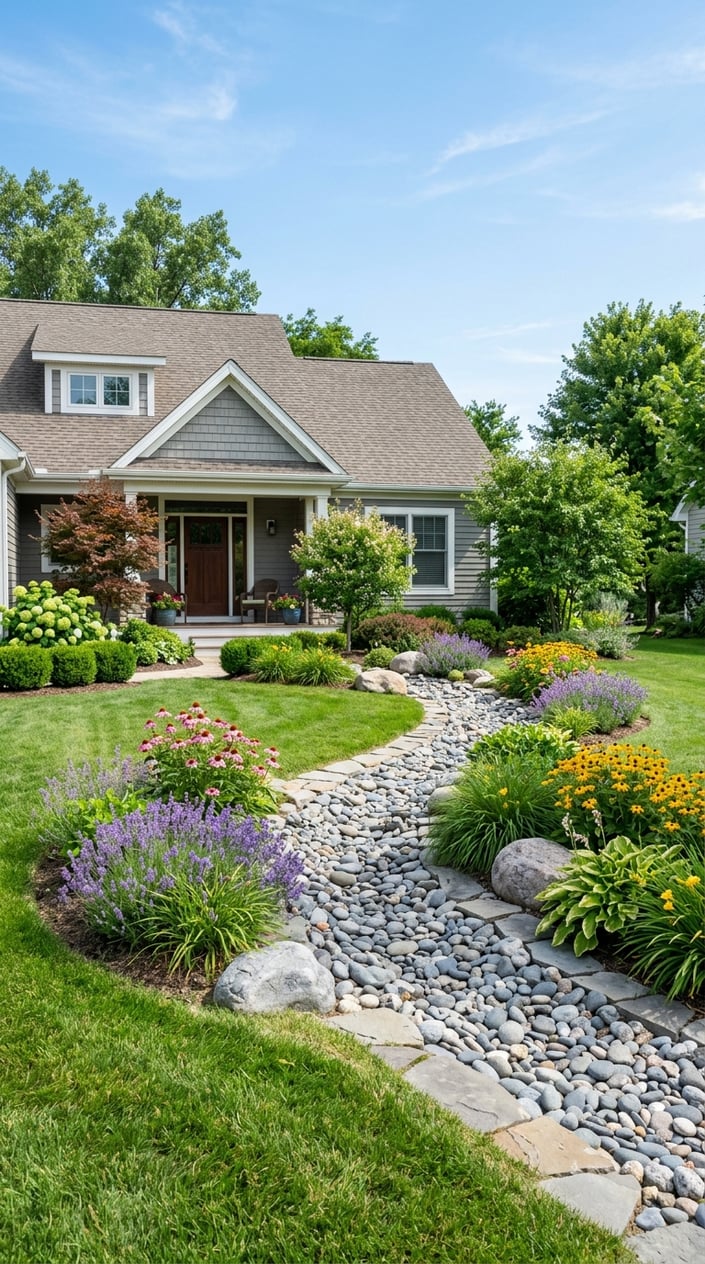 A front lawn with a dry creek bed made of smooth gray stones surrounded by green grass, flowering plants, and small shrubs.