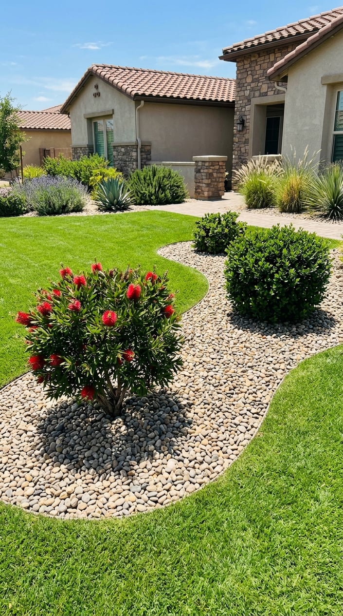 A sunny front lawn with pebble mulch island beds each featuring a single green shrub surrounded by grass.