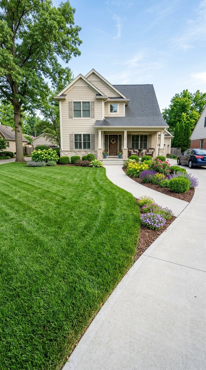 A front yard with fresh, tall green grass replacing patchy areas, bordered by a walkway and a house in the background.