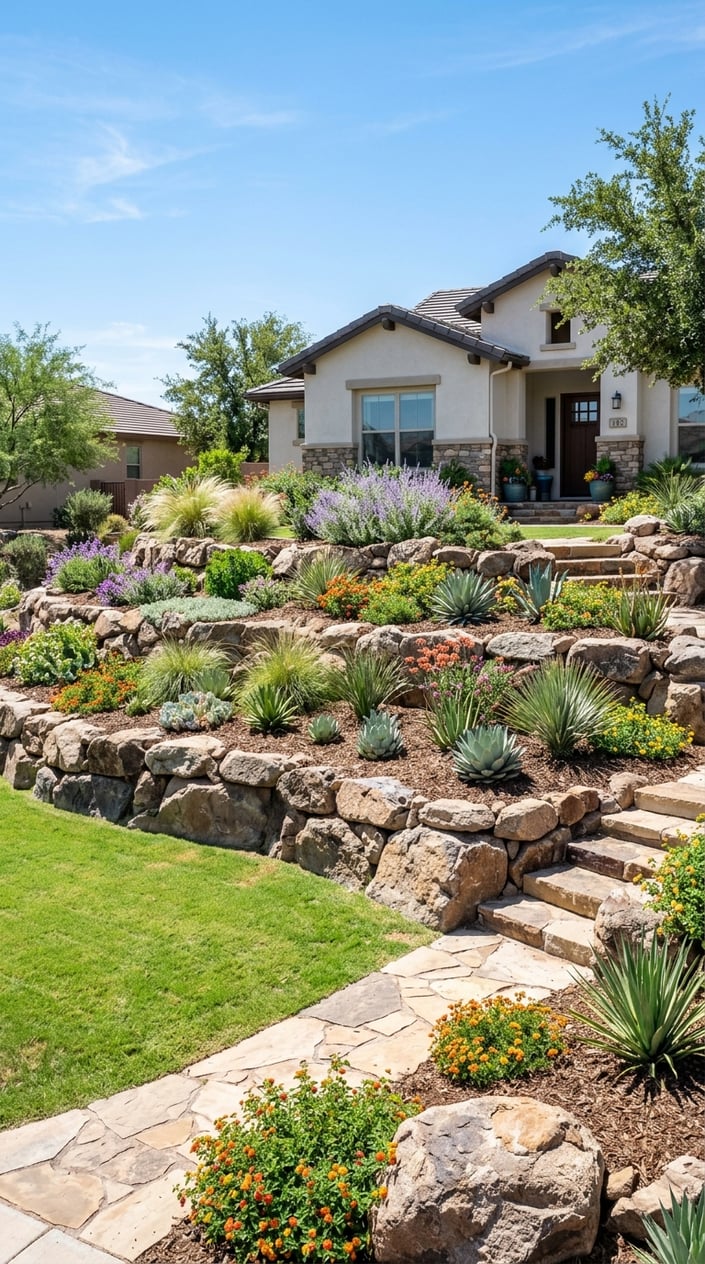 Sloped front yard with terraced boulder beds filled with heat-tolerant plants under bright sunlight.