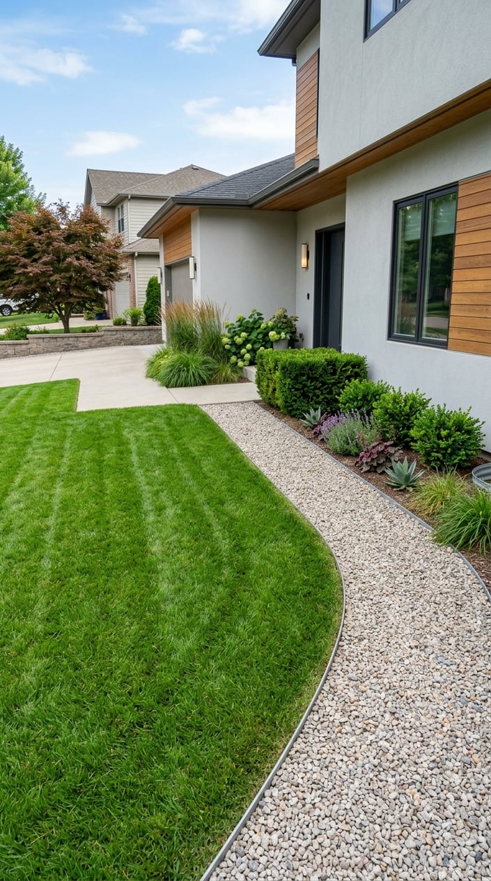 A front lawn with a green grass area and a side strip covered in crushed granite next to a suburban house.