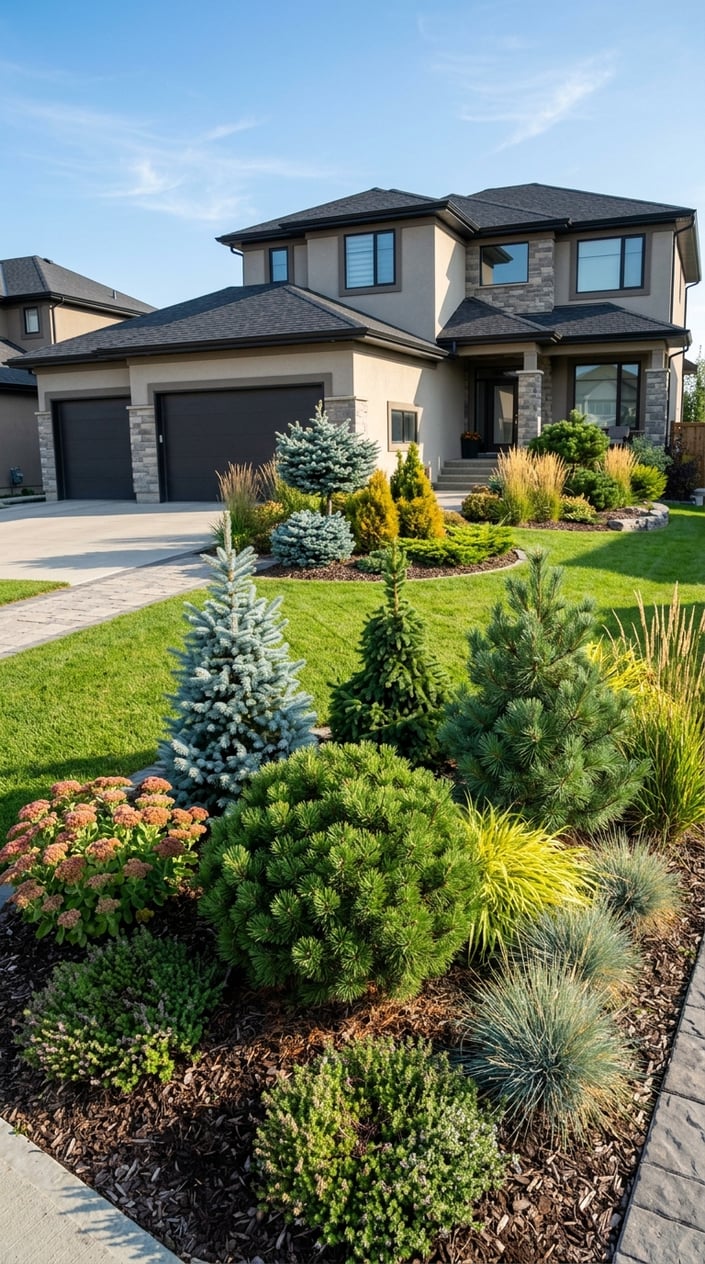 Front lawn with dwarf conifers and heat-tolerant plants in full sunlight near a modern house.
