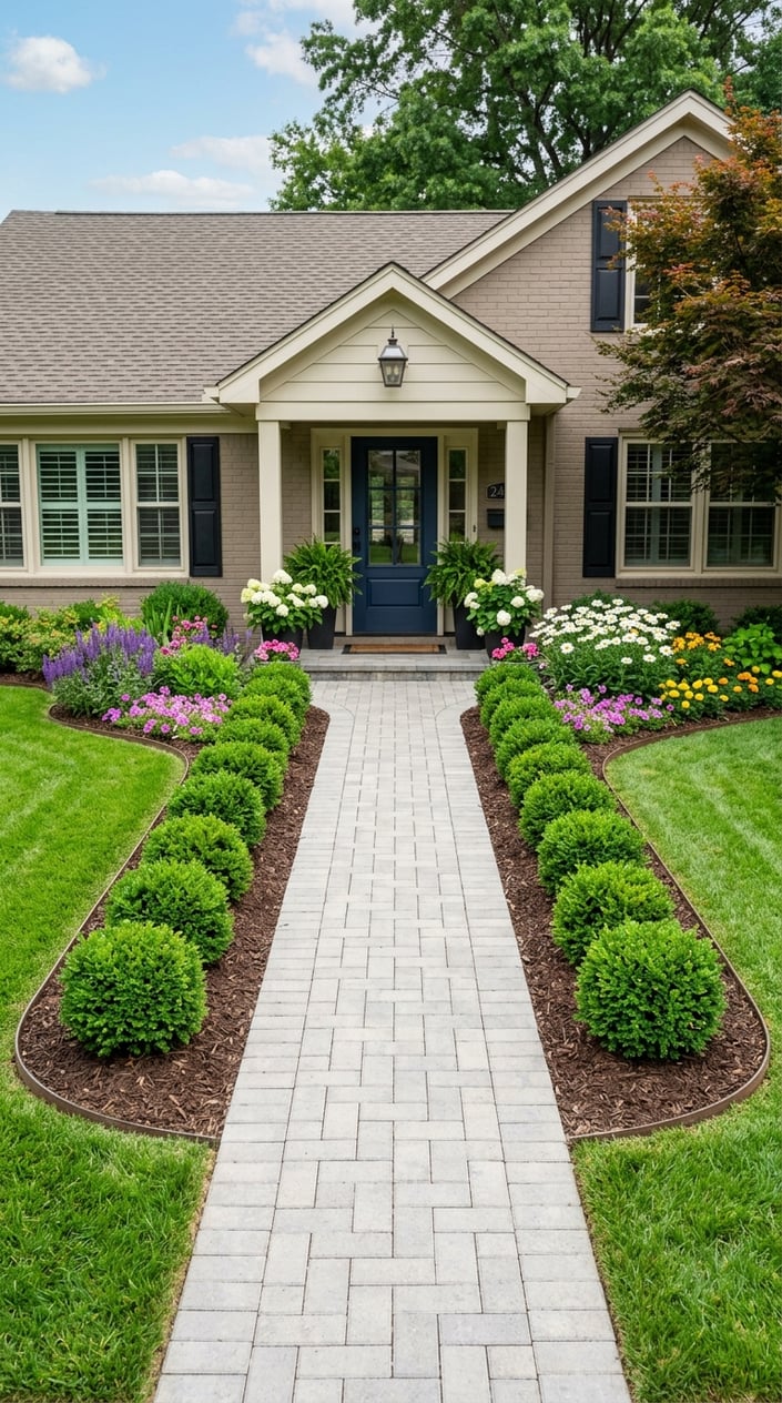 Front lawn with symmetrical small round boxwood shrubs flanking a walkway leading to a house entrance, surrounded by green grass and flower beds.