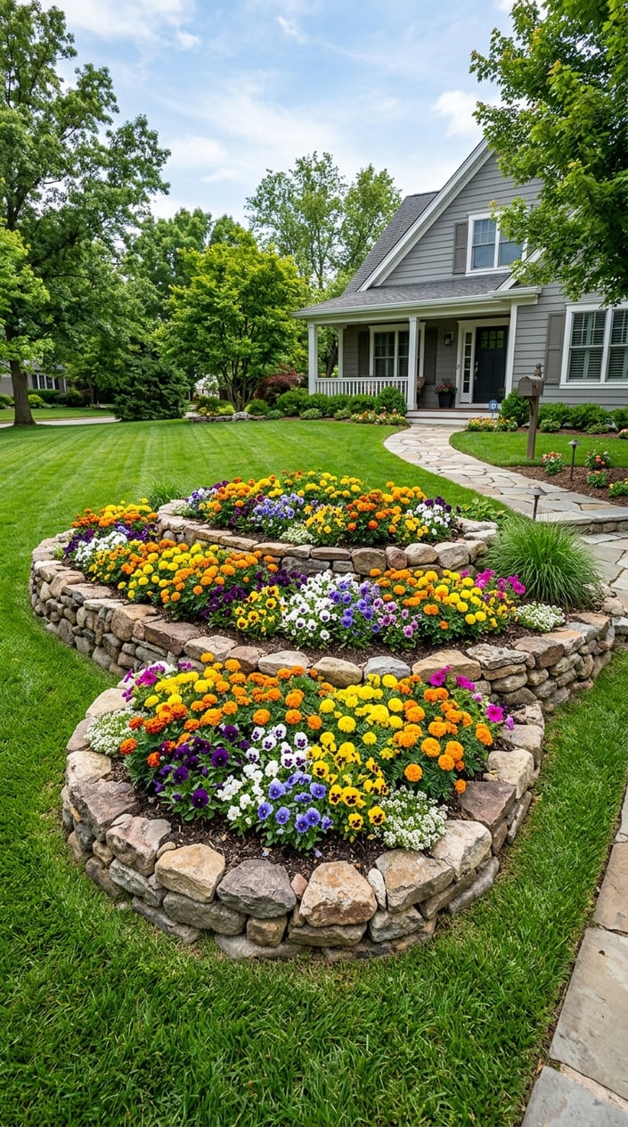 Tiered rock garden on a front lawn with blooming marigolds and pansies surrounded by green grass.