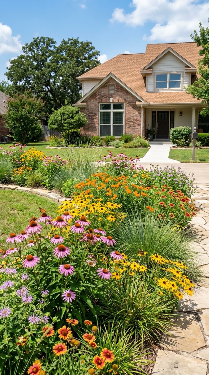 A sunny front lawn with colorful native wildflower patches and drought-resistant grasses in front of a suburban house.