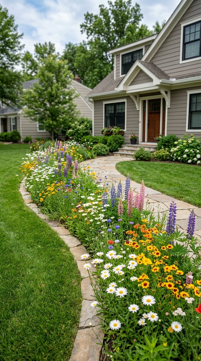 A front lawn with a colorful wildflower border of daisies, lupines, and coreopsis along a walkway next to a house.