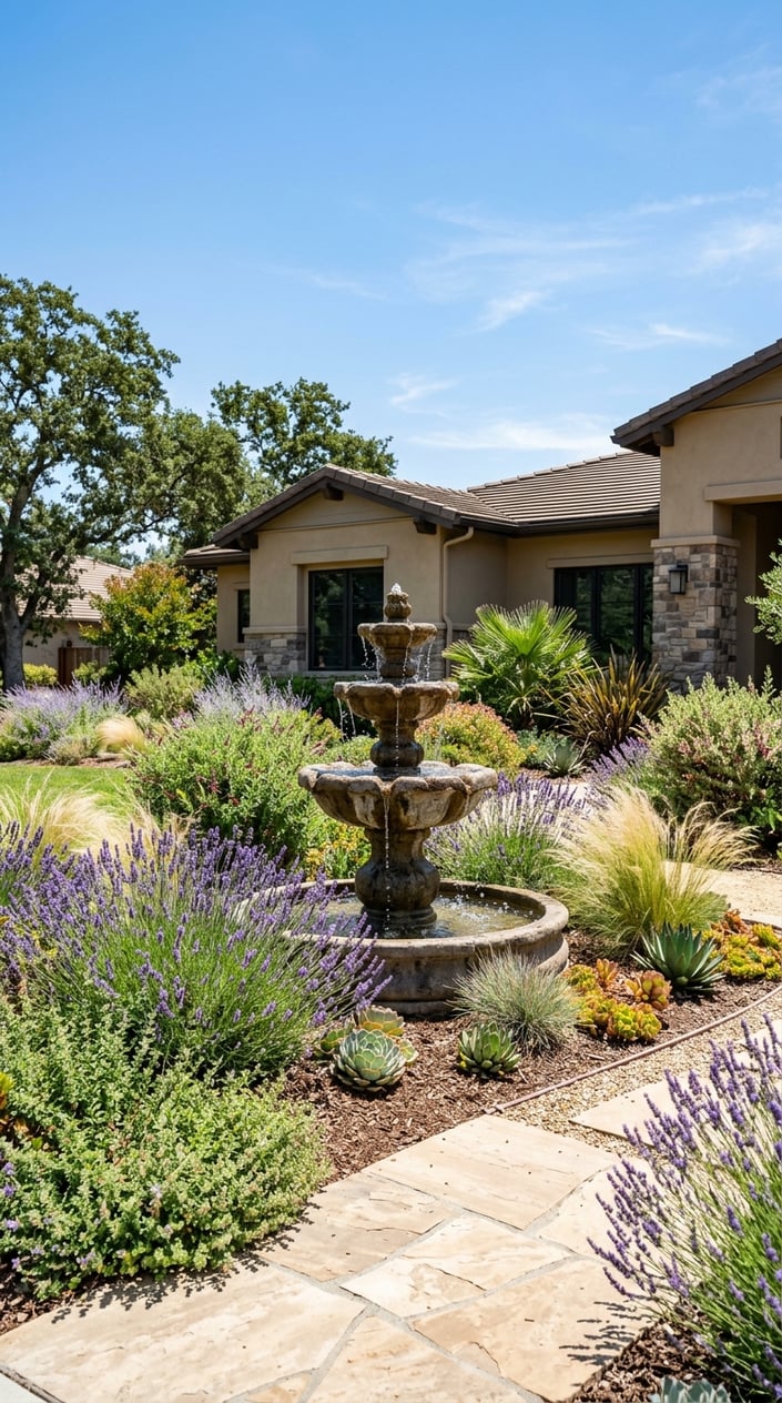 A stone fountain surrounded by heat-tolerant plants in a sunny front lawn.
