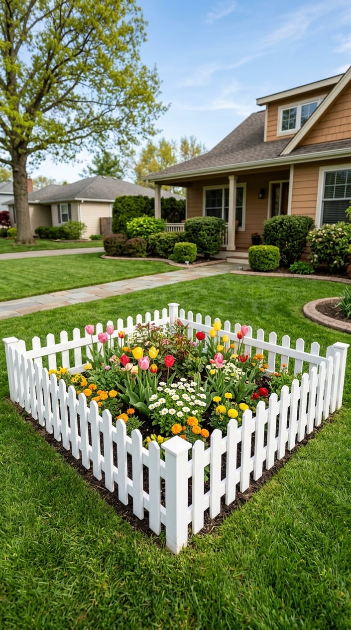 A small flower bed with colorful flowers enclosed by a white picket fence in a front lawn with green grass and bushes.