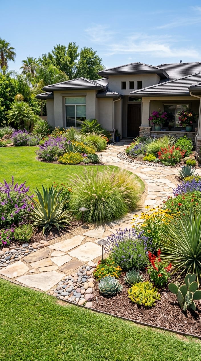 A sunny front yard with a variety of heat-tolerant plants, stone pathways, and a modern suburban house in the background.