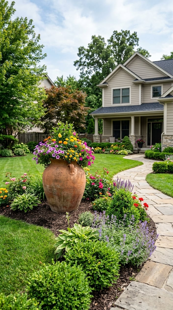 A front lawn with a large terracotta urn placed near a stone walkway surrounded by grass and colorful flowers.