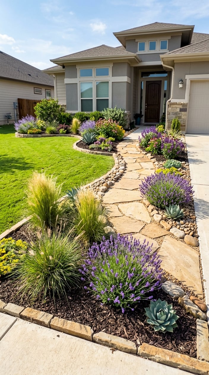 A sunny front yard with a green lawn, heat-tolerant plants, stone pathways, and a modern house in the background.