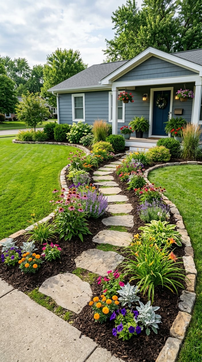A front lawn with green grass, colorful flower beds, stone pathways, small shrubs, and a house entrance in daylight.
