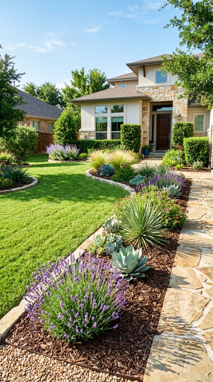 A sunny front yard with heat-tolerant plants, stone pathways, and a modern house in the background.