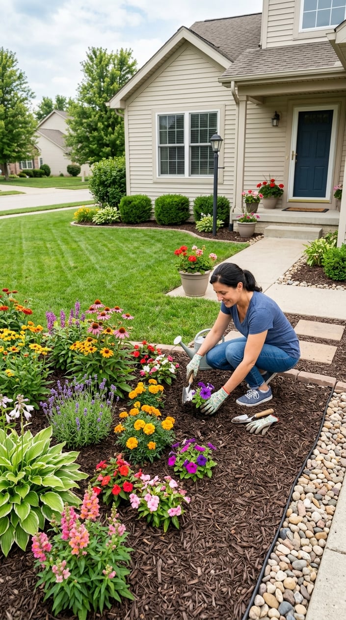 A person gardening on a green front lawn with colorful flowers and a tidy walkway in front of a suburban house.