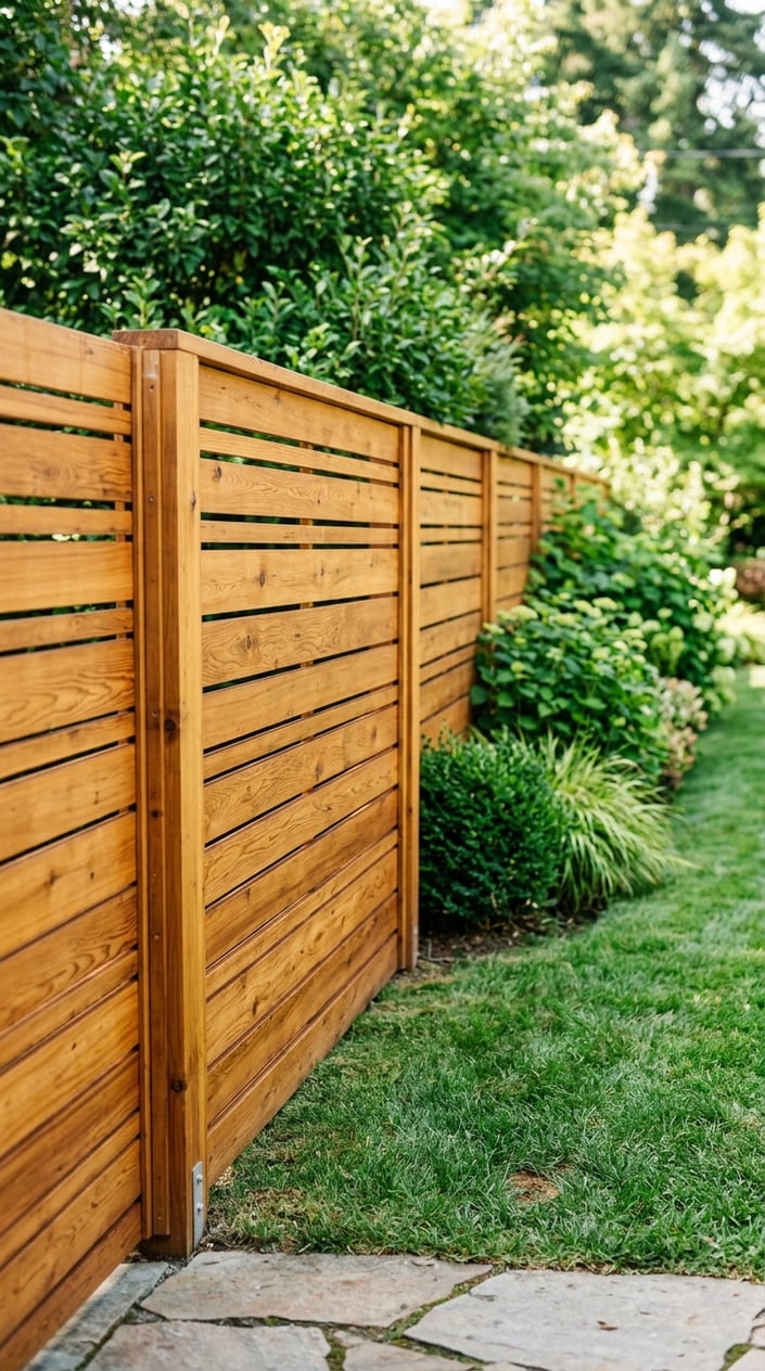 A horizontal cedar wood fence with narrow gaps between slats surrounding a garden with green plants and grass.