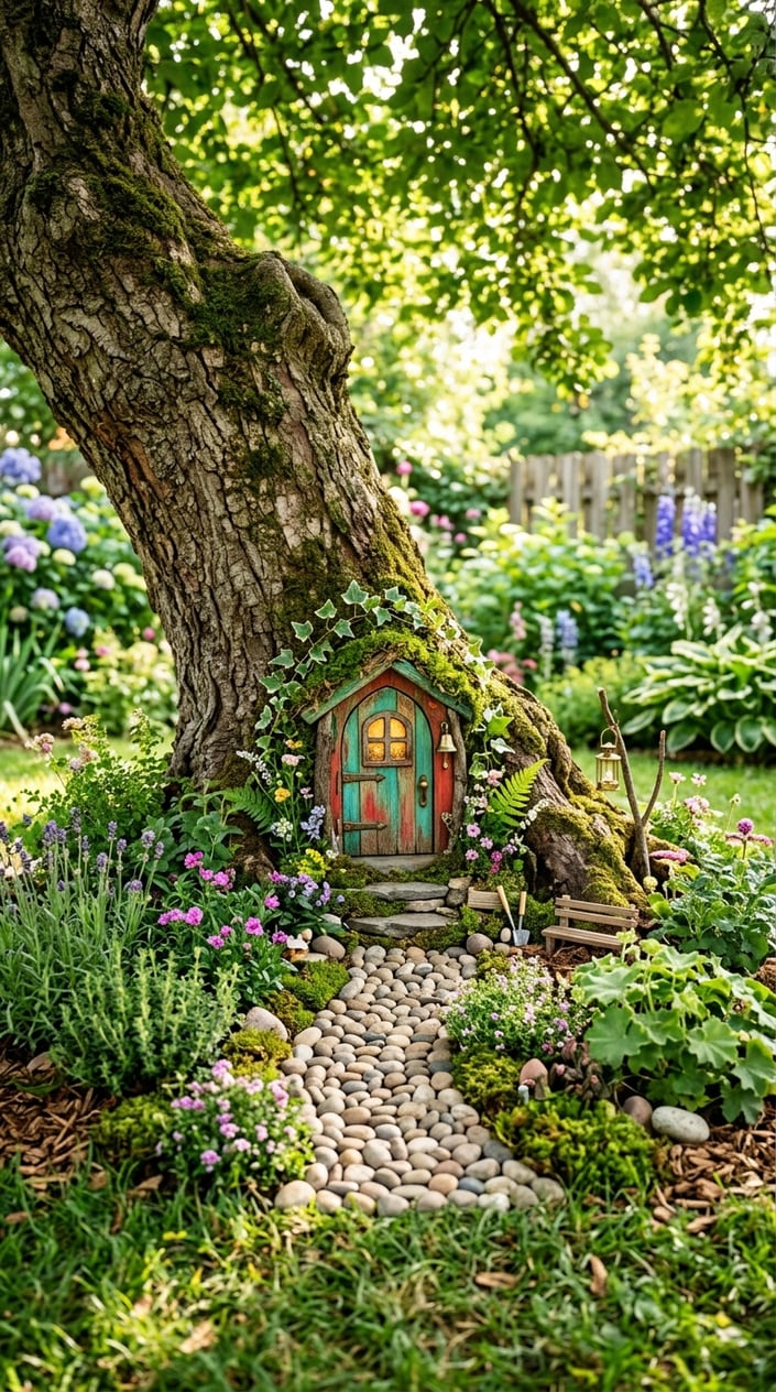 A tree trunk with a small fairy door at its base and a pebble walkway leading to it, surrounded by plants and grass.