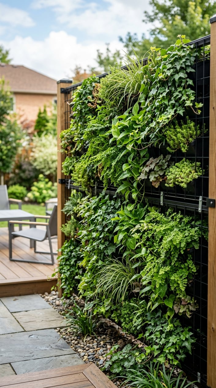A living wall privacy fence covered with green plants on a wire grid frame in an outdoor garden setting.