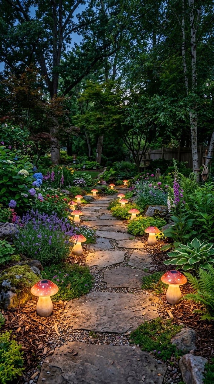 A garden walkway at twilight lined with glowing mushroom-shaped solar path lights surrounded by plants and flowers.