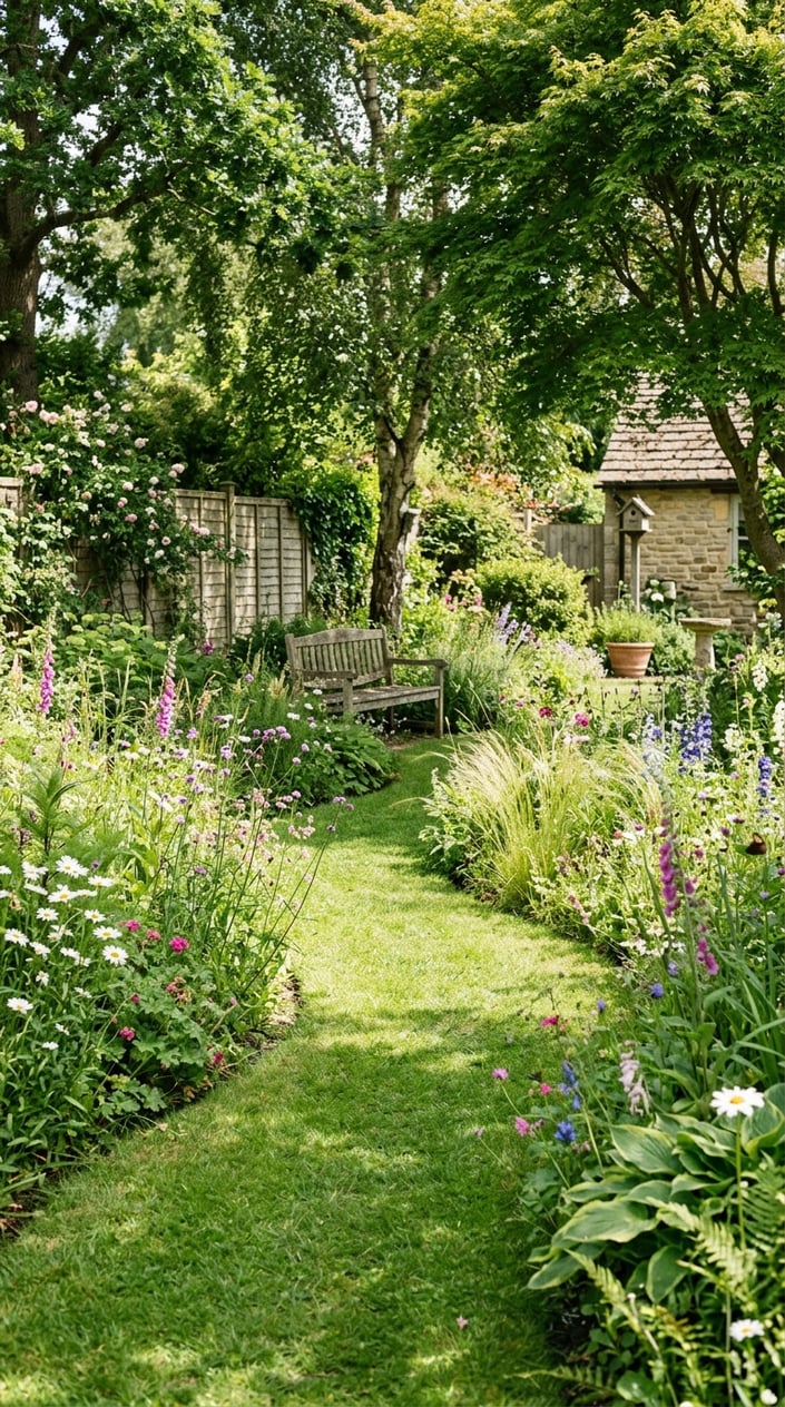 A winding grass path surrounded by wildflowers and tall grasses in a backyard garden.