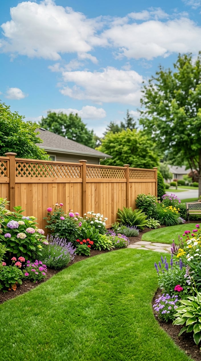 A backyard with a solid wooden privacy fence topped with a lattice, surrounded by grass and garden plants under a blue sky.