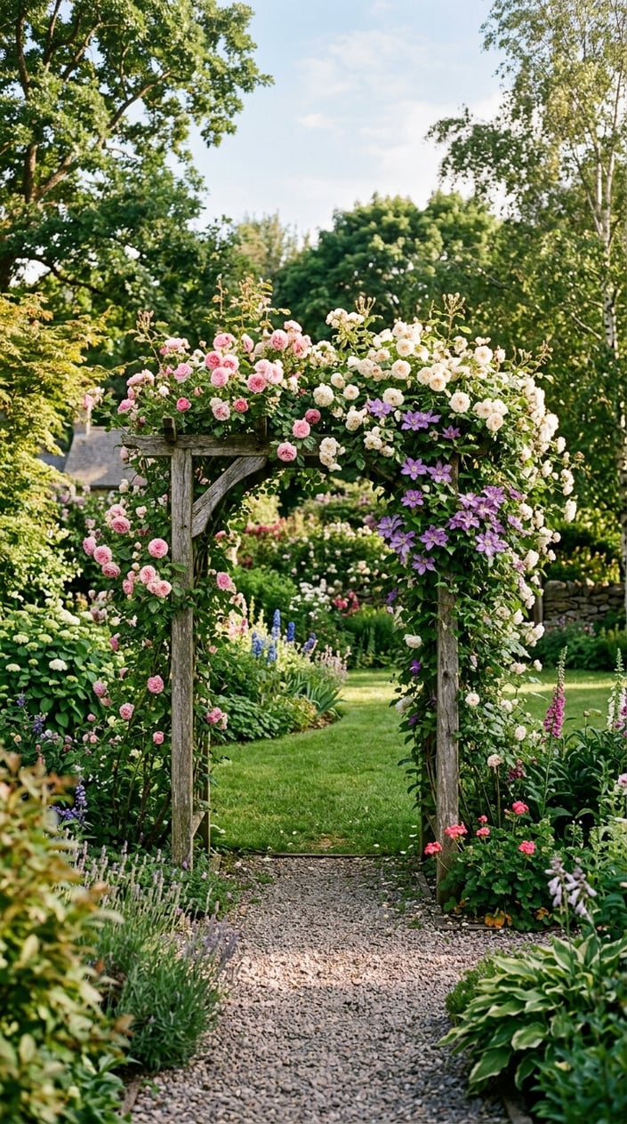 A rustic wooden arbor covered with climbing roses and clematis flowers in a green backyard garden.