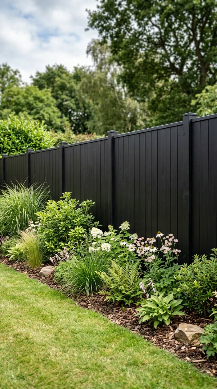A black wooden privacy fence with green plants and shrubs growing in front of it in a garden.