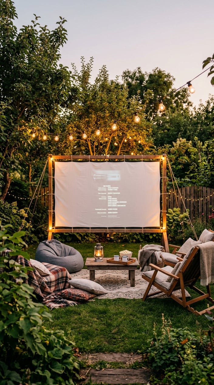 An outdoor backyard movie setup with a white sheet screen and string lights hanging above, surrounded by seating and greenery.