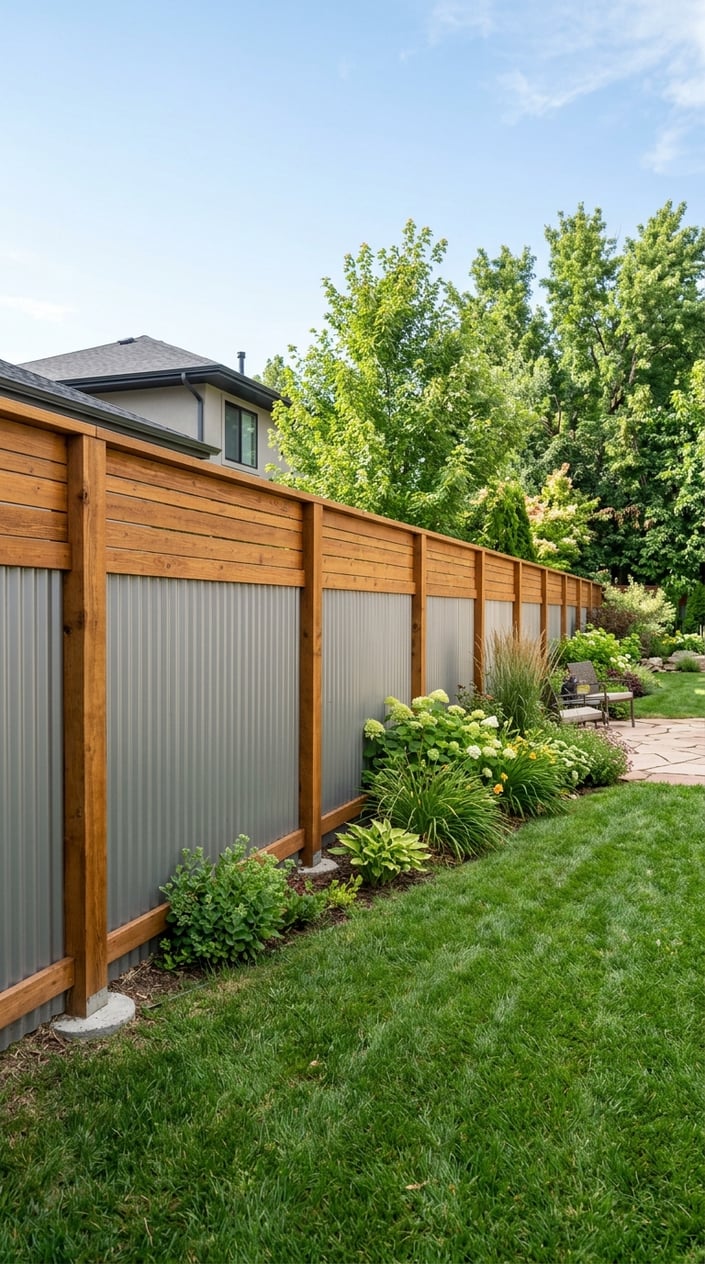 A privacy fence made of corrugated metal panels with wooden framing in a green backyard setting.