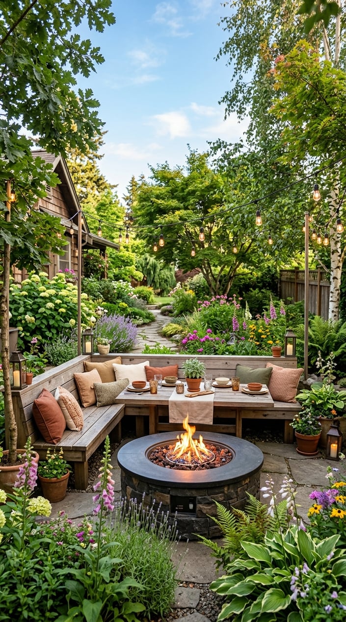 A backyard with a wooden dining bench surrounding a circular fire pit, surrounded by plants and flowers under string lights.