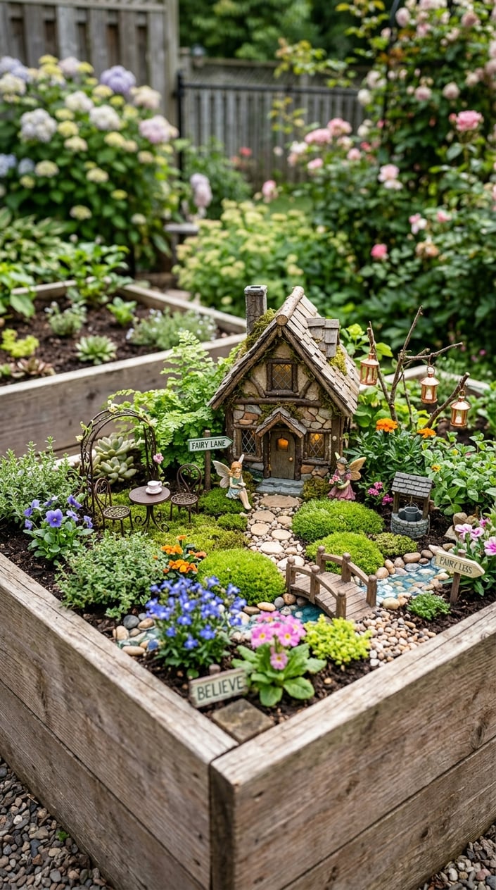 A miniature fairy garden with a small fairy house, moss, flowers, and tiny decorations in the corner of a raised wooden garden bed.
