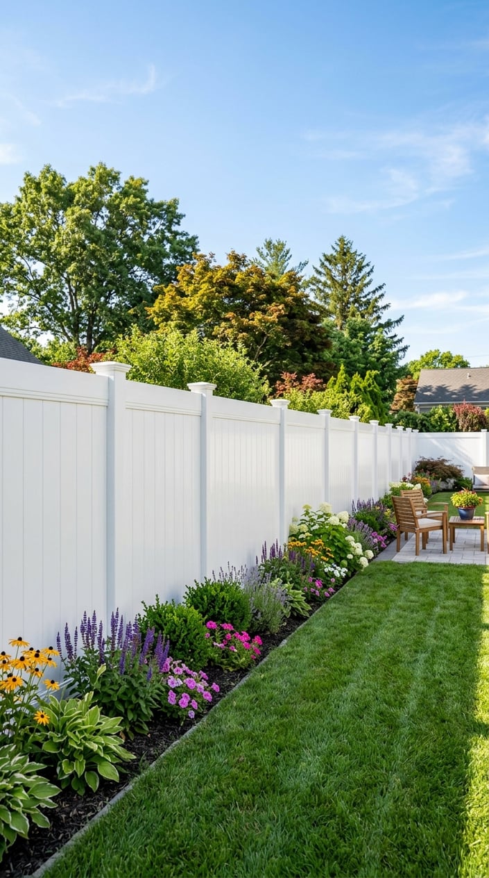 A white vinyl privacy fence with tongue-and-groove panels surrounding a green backyard with plants under a clear blue sky.