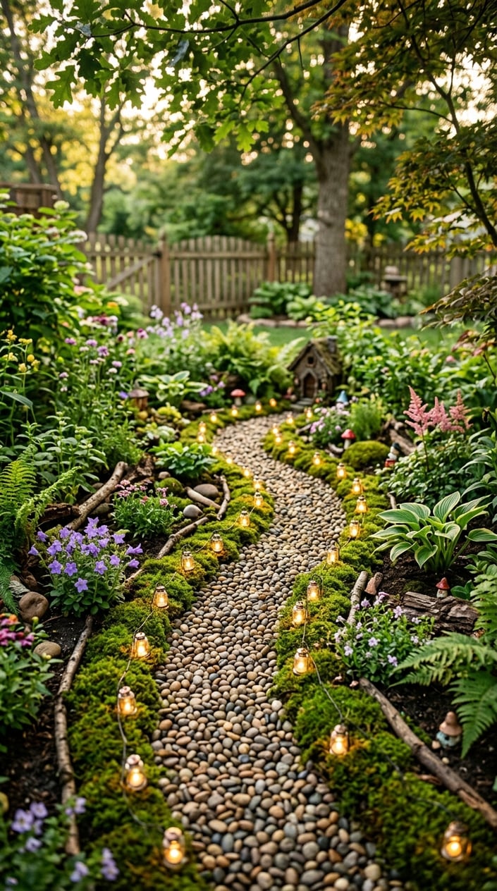 A pebble path bordered by moss with small glowing lanterns along the edges in a garden setting.