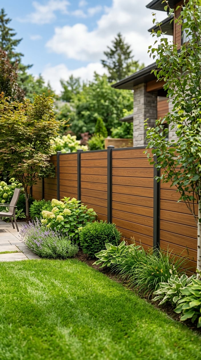 A horizontal composite privacy fence in a teak tone surrounded by green grass and plants in a backyard setting.