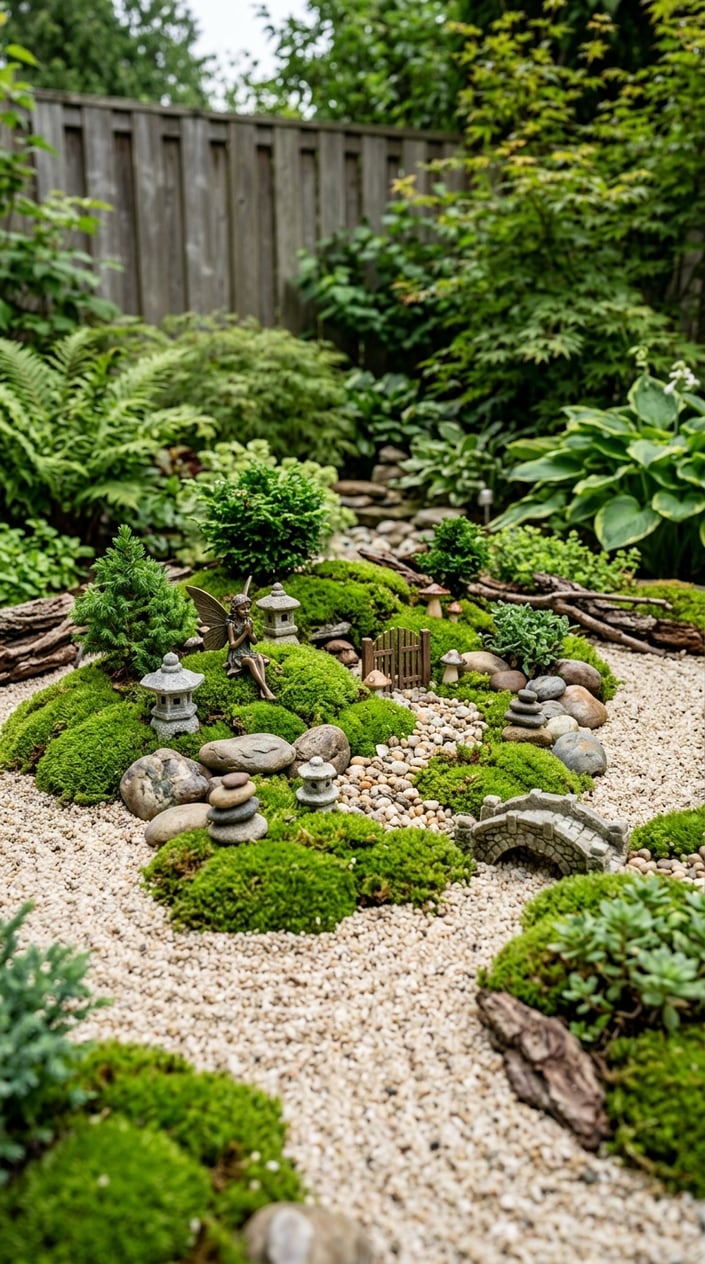 A small backyard corner with green moss, light gravel, and miniature stone decorations arranged to create a peaceful fairy garden scene.