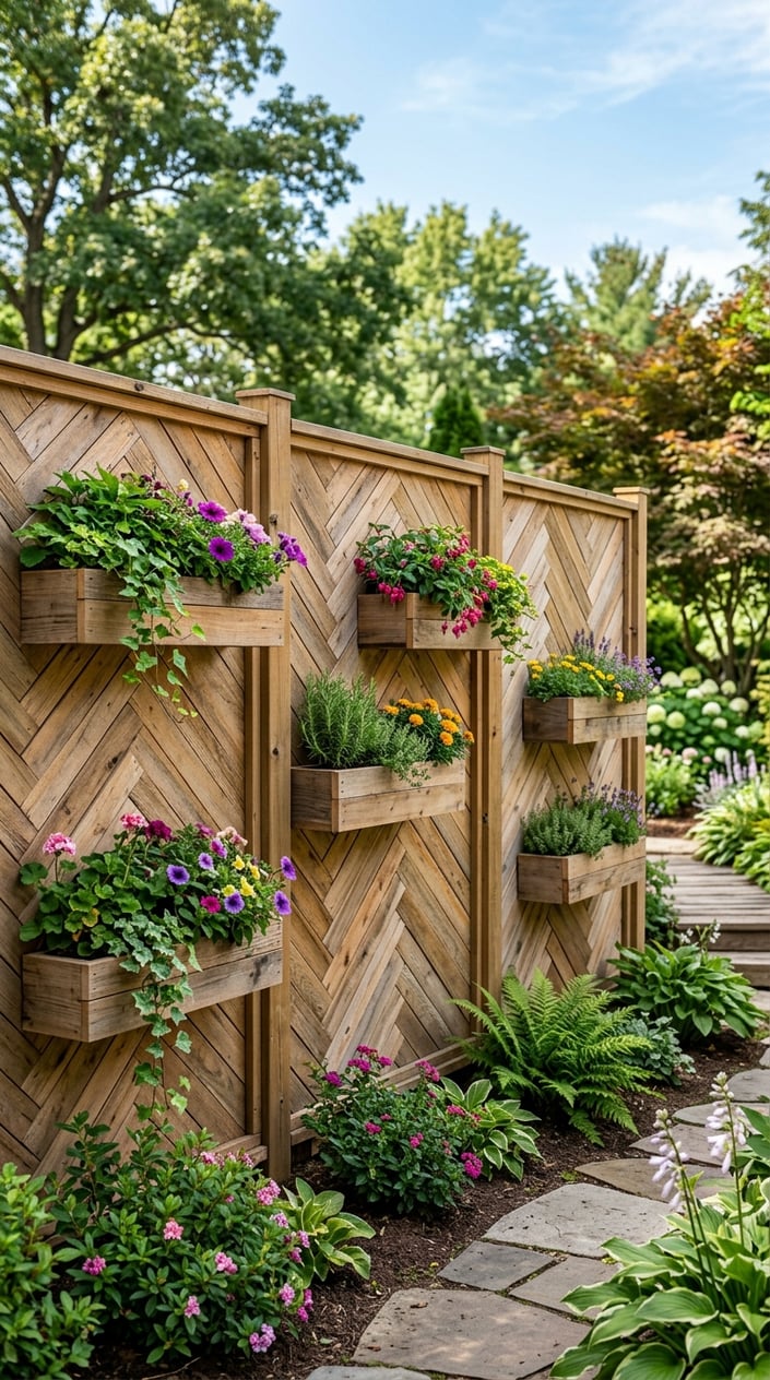 A backyard privacy fence made of pallet wood in a herringbone pattern with built-in planters containing green plants and flowers.